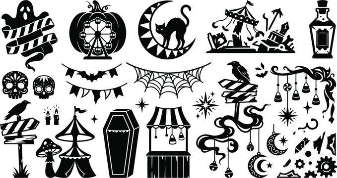 A collection of hand drawn black and white halloween themed illustrations featuring skulls pumpkins cats moons coffins and spooky festive holiday decorative elements