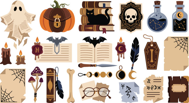 Set of various magical items for witchcraft including a ghost pumpkin black cat books skull potion bottles candles bat feathers and old scrolls