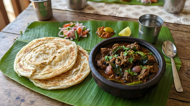 Kerala beef curry with parotta on banana leaf