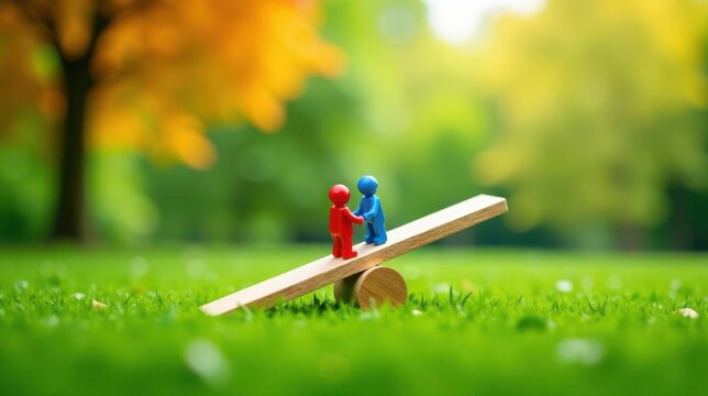 Miniature figures shaking hands on a seesaw in a verdant park setting