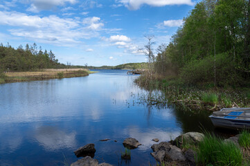 Fototapeta premium Small lake with green trees, blue sky and a boat