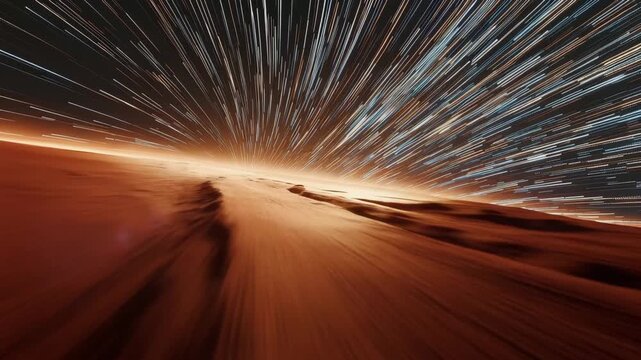 Abstract light trails moving fast over a dark rocky landscape at night video.