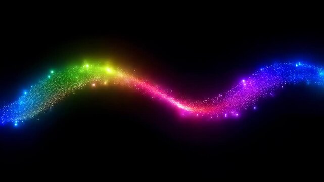 Glowing rainbow colorful neon particle wave bending smoothly across deep dark isolated background, concept of abstract creative energy and magic flow