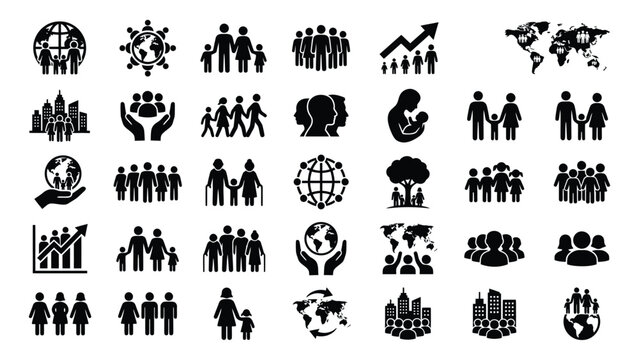 Population and Community Line Icons Set with Family Demographics and Society Symbols