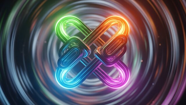 Abstract knot glows with vibrant rainbow colors against a dark swirling vortex background.