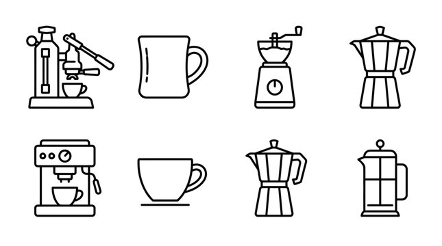 Set of coffee making icons including espresso machine, moka pot, French press, grinder and cups, perfect for cafe menus, beverage blogs and kitchen appliance websites