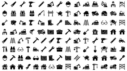 Naklejka premium Construction and building icons collection with tools, machinery and safety equipment, perfect for construction industry websites, architectural presentations and DIY project guides