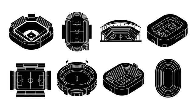 Collection of isometric sports stadiums and arenas including baseball, soccer, basketball and running tracks, perfect for sports event promotion, athletic facility design and sports media content