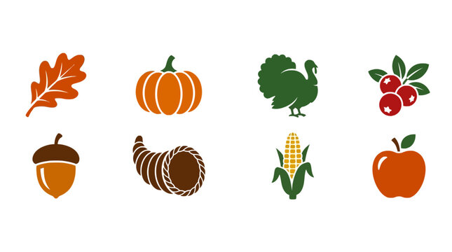 Set of colorful autumn and thanksgiving icons on white background