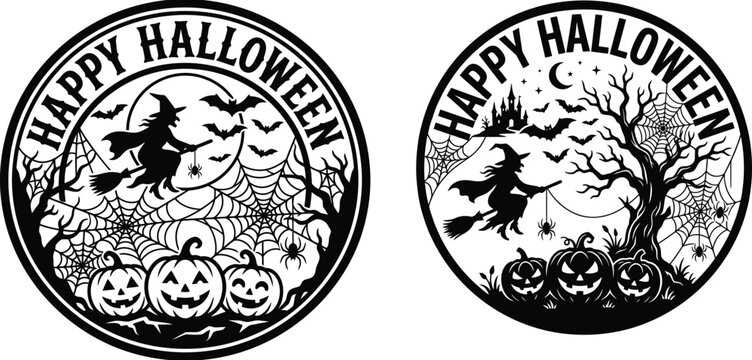 Helloween witch and pumpkins vector graphics for seasonal decorations and halloween merchandise