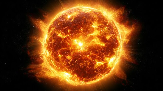 sun solar star space plasma flare coronal ejection energy nebula - detailed 3D illustration of erupting solar surface, plasmon flares, coronal mass ejections, and glowing energetic phenomena in cosmos