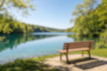 Fototapeta premium Blurred wooden bench by a peaceful lake with green forest and blue sky.