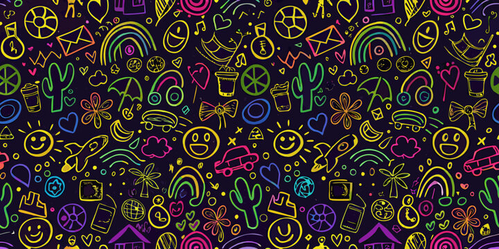 Colorful doodle collage pattern with hearts faces and musical notes