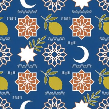 Unique Islamic seamless pattern featuring blue background with geometric arabesque ornaments, white stars, crescent moon, and fresh lemon or citrus fruit with leaves illustrations