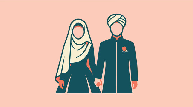Muslim wedding couple in traditional attire holding hands