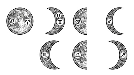 A collection of moon phases with various zodiac symbols included © jepri