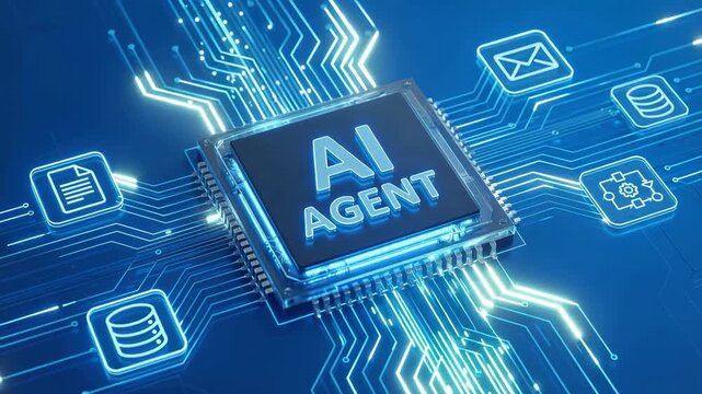 Words "AI AGENT" glowing within futuristic digital network, mart business operations, 4K video