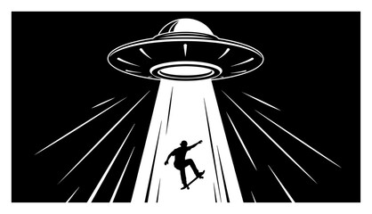 UFO abducting a skateboarder silhouette, vintage sci-fi flying saucer beaming up man on skateboard © Luka