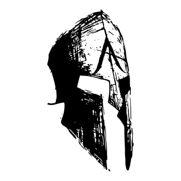 Ancient Spartan helmet silhouette, Greek warrior headgear in hand drawn ink style, gladiator armor sketch