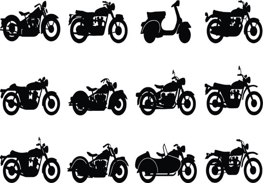 Vintage and Retro Motorcycle Silhouette Vector Collection Featuring Classic Cruisers Mopeds and Sidecar Motorbikes