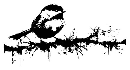 Small bird on a branch silhouette in hand drawn ink splash style, forest wildlife sparrow or tit sketch © Luka