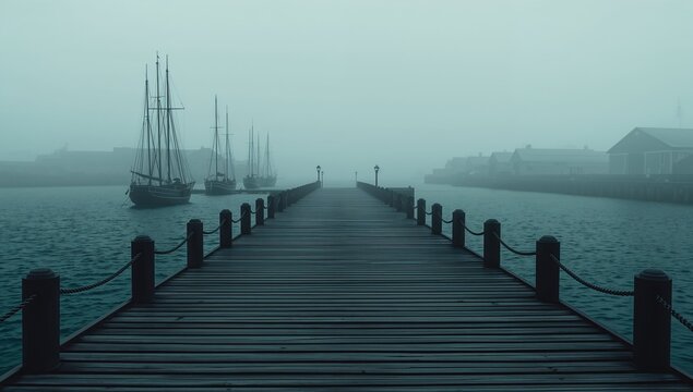 Serene Foggy Waterfront with Wooden Pier and Sailing Ships in the Distance