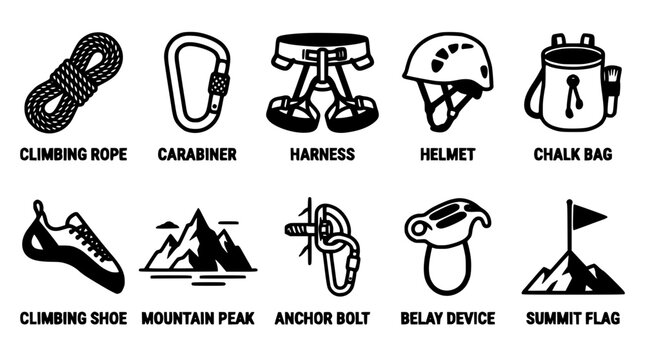 Climbing Icons Set with Rope, Carabiner, Harness, Helmet, Chalk Bag, Shoe, Mountain Peak, and Summit Flag