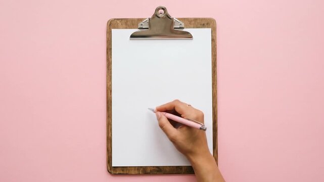 Hand holding pen over empty clipboard.