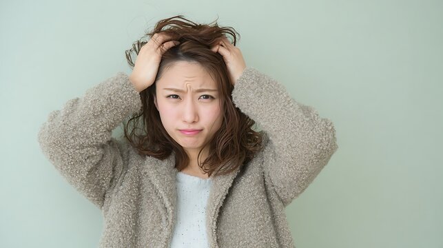 Worried Young Woman Touching Her Hair / 髪に手をやり悩む若い女性
