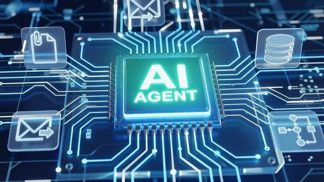 Words "AI AGENT" glowing within futuristic digital network, mart business operations, 4K video