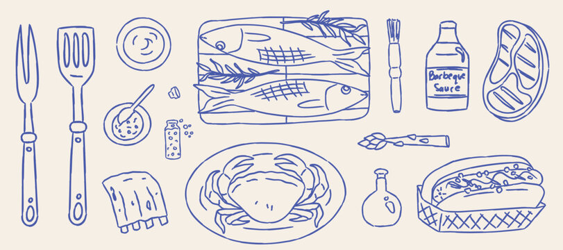 BBQ and Seafood Hand Drawn Doodle Vector Illustration Set. Blue Monoline Grill, Fish, Crab, Steak, Hot Dog, and Kitchen Utensils Elements Clipart for Restaurant Menu, Packaging, and Food Branding.