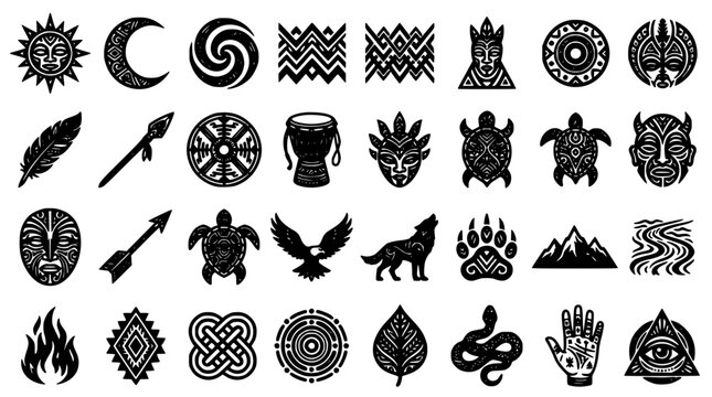 Tribal Pattern Icons Collection with Sun Moon Feather Arrow Serpent Dagger Eagle Helmet Hand and Landscape Symbols