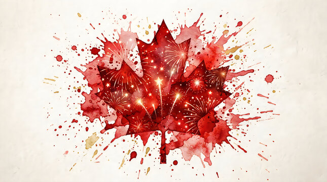 Red maple leaf with paint splash and firework effect
