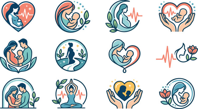 Motherhood and Maternal Care Logo Collection Featuring Pregnancy Breastfeeding Baby Wellness Family Love and Healthcare Vector Icons