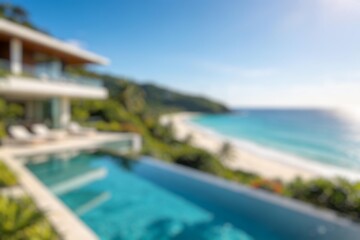 Fototapeta premium Blurred luxury beach resort with infinity pool overlooking tropical ocean coastline.