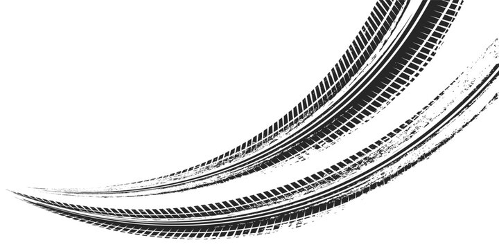 Tire track. Car, bike, motorcycle tyre mark with grunge effect isolated on white background. Wheel footprint on the road.
