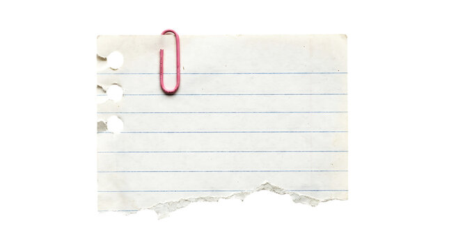 Torn lined paper note with red paperclip isolated on transparent background