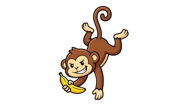 Playful 2D cartoon monkey holding a banana upside down on isolated white background.