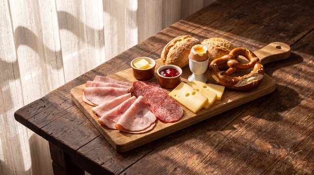 Traditional German Breakfast Platter with Pretzel, Cold Cuts, Cheese, and Egg