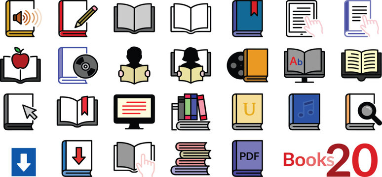 Book and Reading Icon Set with Ebook, Library, PDF and Digital Learning Symbols