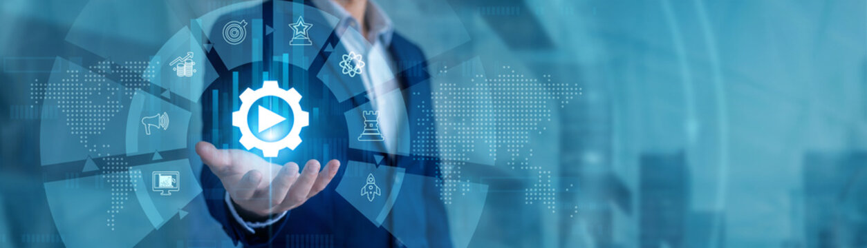 Creative director reviewing campaigns holding a hand console. Content Marketing media flow on global network digital advertising platforms. Strategic brand promotions engaging target audiences.