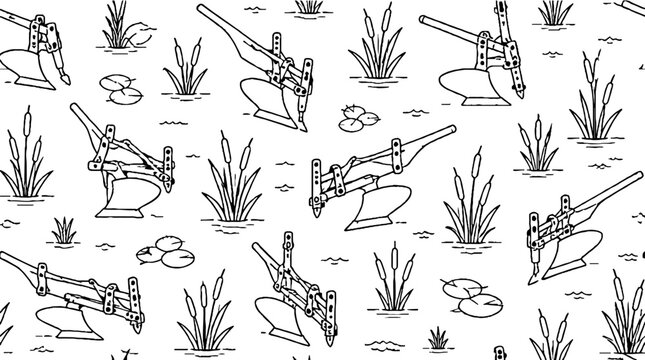 Vintage agricultural plows in a repeating pattern design.