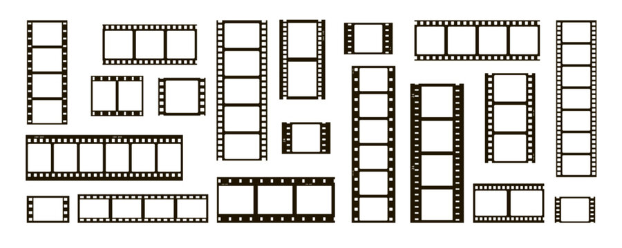 film movie reel transparent strip frame set with album style. roll old photograph filmstrip for picture and photography border with camera. black white negative template for retro collage and media.