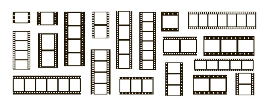 film movie reel transparent strip frame set for vector graphic. roll old photograph filmstrip with cinema and video layout for camera. vintage border template for digital picture and album design.