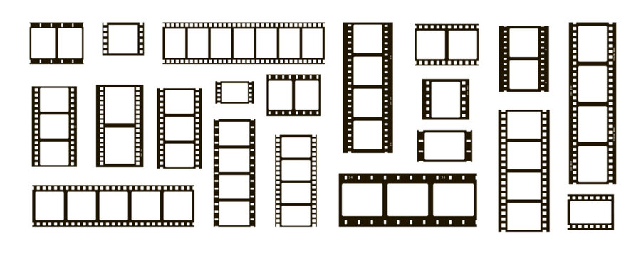film movie reel transparent strip frame set for png collection. roll old photograph filmstrip with vintage camera and cinema theme. black border template for album page and photography layout.