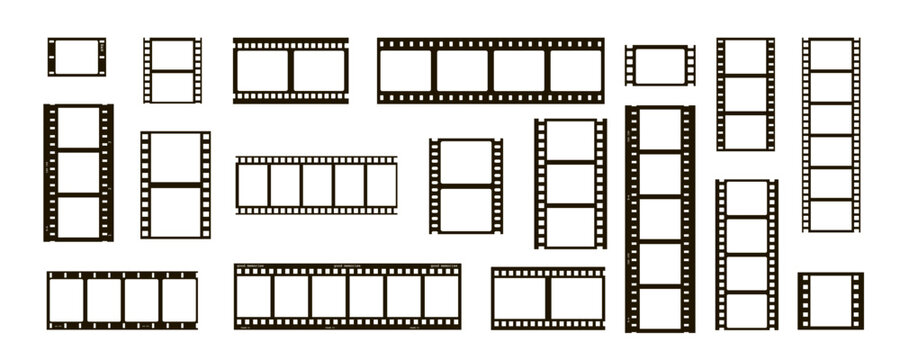 film movie reel transparent strip frame set for classic layout. roll old photograph filmstrip with camera and picture border for album. vintage vector illustration for cinema template