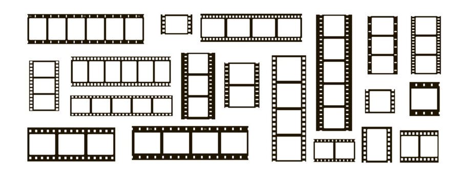 film movie reel transparent strip frame set with isolated border. roll old photograph filmstrip for camera and photography design with cinema mood. analog retro template for picture collage