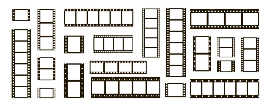 film movie reel transparent strip frame set with blank space. roll old photograph filmstrip for photo and picture layout with camera. analog cinematic border for scrapbook template and retro story.