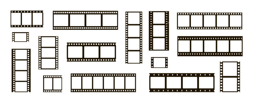 film movie reel transparent strip frame set with square option. roll old photograph filmstrip for photo and video frame with cinema style. analog negative template for retro media and picture design.