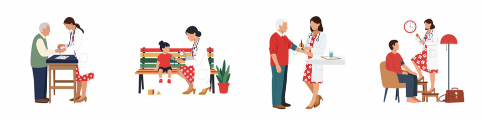 Obraz premium Flat vector illustration set of a female doctor performing blood pressure checks on patients of different ages including children and the elderly.